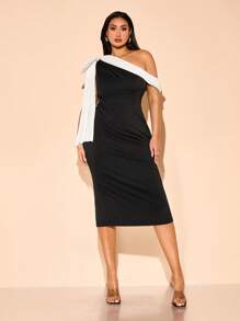 SHEIN BAE Váy suông đơn giản, rộng rãi, màu đen và trắng tương phản, cỡ lớn, nơ 3D/nơ lập thể, gợi cảm, váy midi thanh lịch kiểu Pháp, váy dạ hội, váy sinh nhật, váy phù dâu - màu đen - Xem 4