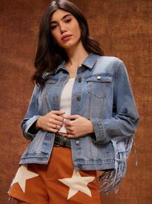 WESTFADE High Rise Western Faux Suede Star Studded Patch Two Tone Relaxed Western Cowgirl Music Festival Shorts - Medium Wash - View 2