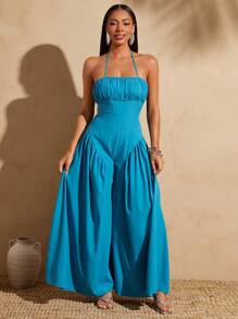 Vixey Pleated Halter Neck Extreme Wide Leg Cami Jumpsuit, Boho, Vacation Outfits Woman, Beach Outfits For Woman, Spring Outfits For Women, Summer Clothes, Summer Dresses, Vacation, Spring Break, Vacation Outfits Women, Island Vacation Outfits - Blue - View 6
