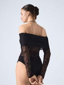 LYSMO 女式蕾丝拼接弹力紧身衣 - 黑色 - 查看 2