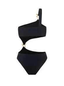 SHEIN Swim Women Beachwear Summer Outfits For Women Black Hollow One-Piece Swimsuit Asymmetrical Neck High Waist Special-Shaped Heart Accessories One-Piece Swimsuit Vacation