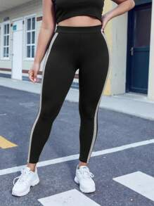 Plus Size Contrast Color Stitching High Waist Seamless Leggings - Black - View 8