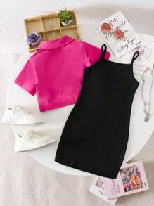 SHEIN Young Girl Solid Color Short-Sleeved Single-Breasted Shirt And Cami Dress Two-Piece Set - Hot Pink - View 2
