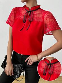 Calvaya Elegant Women Blouse, Contrast Lace Satin Ribbon Blouse, Romantic Stylish Shirt, Red Blouse