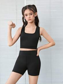SHEIN Tween Girls' Solid Color Hollow Back Ribbed Camisole And Biker Shorts Sports Set, Suitable For Yoga, Sports Day, Back To School