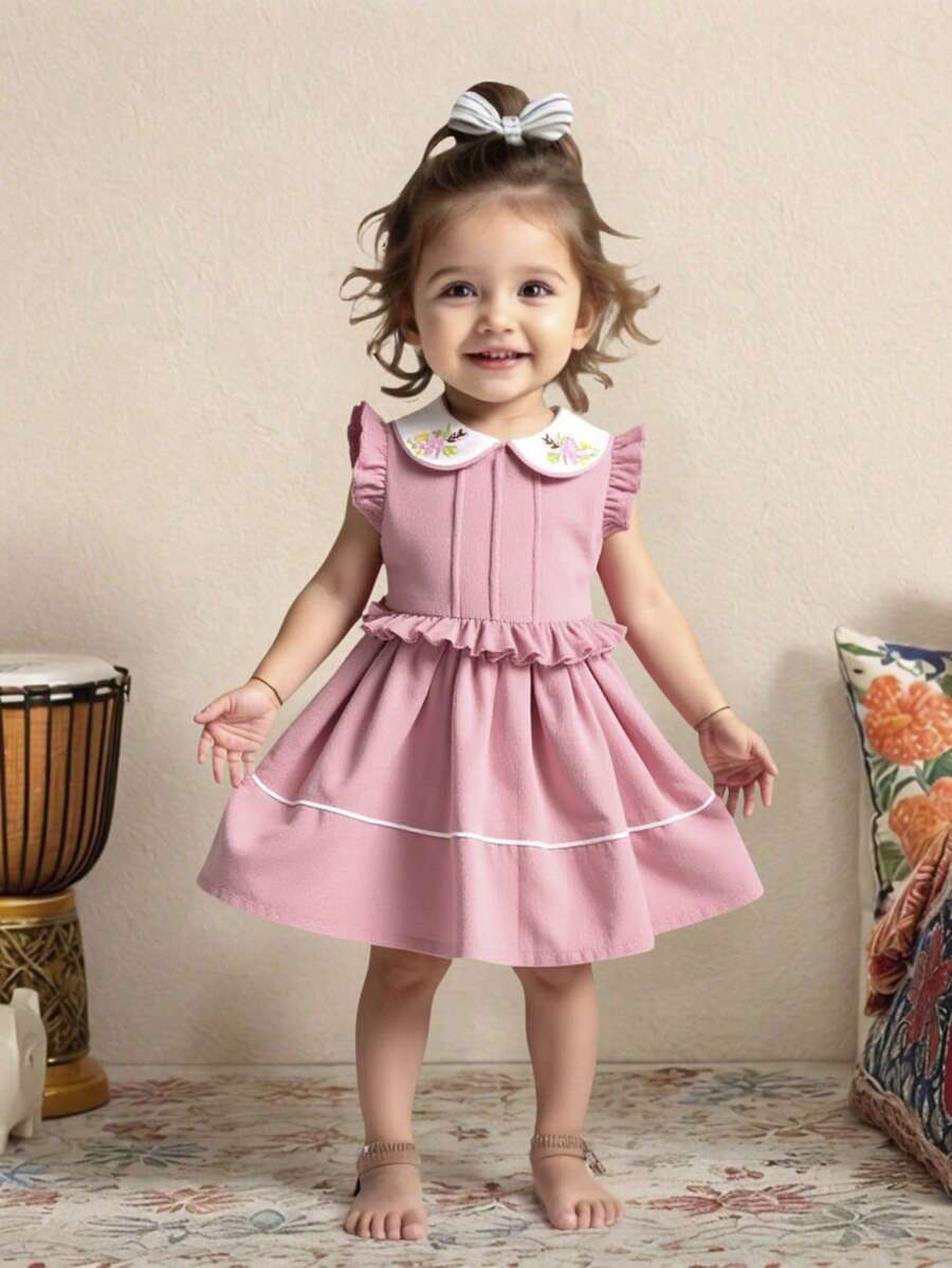 女婴优雅甜美可爱街头风格粉色彼得潘领刺绣装饰连衣裙，夏季 - 粉色 - 查看 1