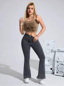 SHEIN Privé Pantalones vaqueros de campana ajustados con efecto desgastado lavado