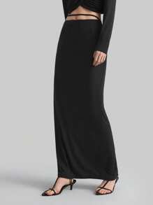 Ontre 女式新款设计2025款侧镂空可调节抽绳松紧腰针织裙，简约优雅时尚，适合春季，复古风格 - 黑色 - 查看 5