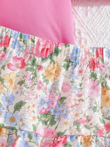 SHEIN 青少年女孩春夏木耳圆领仿珍珠上衣羊角短袖碎花裙两件套套装适合旅行和派对清新优雅套装、度假、夏季、旅行