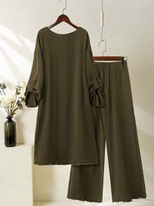 Al Najma Women's Plain Round Neck Roll Cuff Split Hem Long Top And Pants 2 Pieces Set, Casual - Army Green - View 2