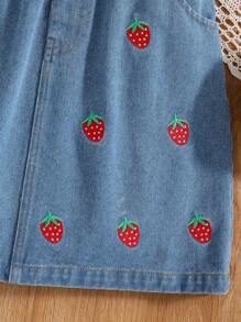 Tween Girl Strawberry Lettering Printed Round Neck Short Sleeve T-Shirt & Embroidered Denim Overall Skirt - White - View 4
