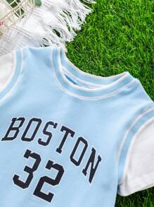 SHEIN Baby Boy/Girl Casual Sports Loose Letter Print Colorblock Knitted Rompers, Suitable For Spring & Summer Indoor/Outdoor Wear - Blue - View 7