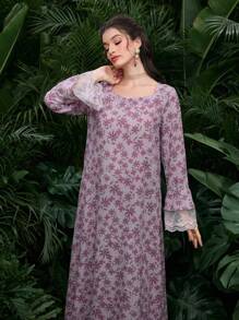 Al Najma New Style Loose Fit Round Neck Lace Trim Long Robe Dress, Arabian Dresses,Modest