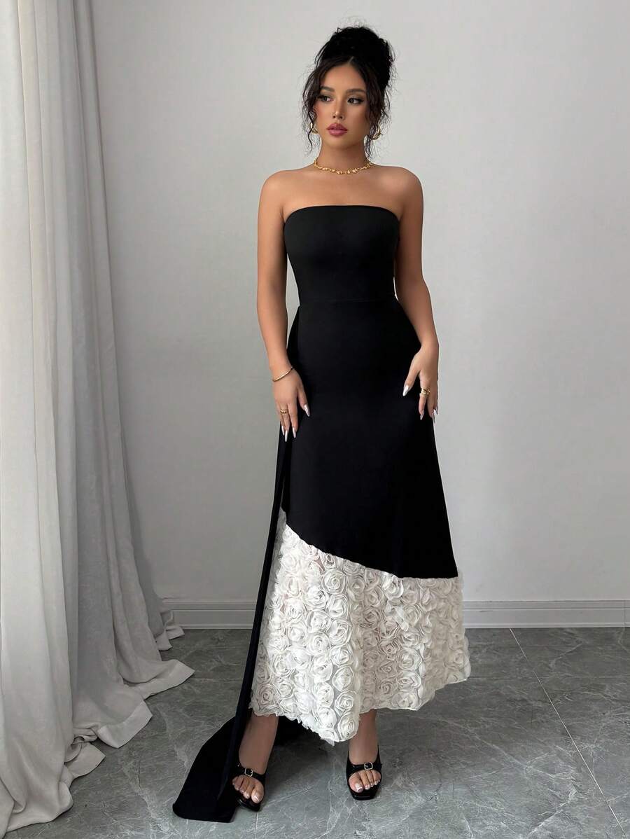 Elenzga 1pc Fitted Knit Dress With Colorblock And 3D Cut-Out Rose Pattern, Bustier Style - Black - View 1