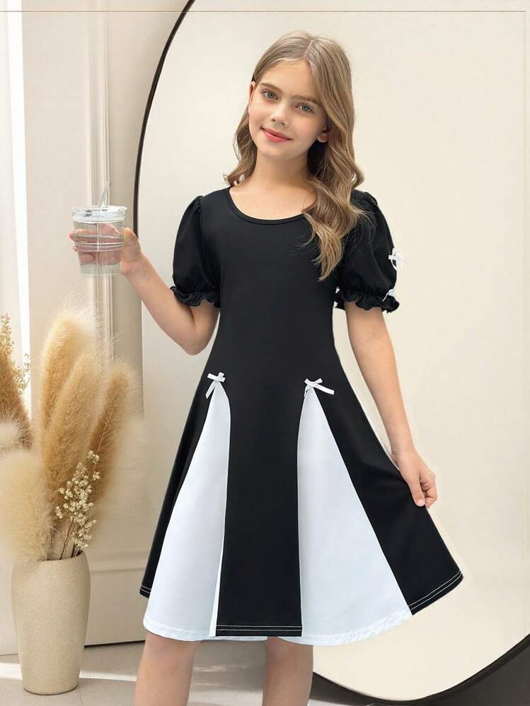 SHEIN Leap Crew 青少年女孩休闲运动拼色短袖连衣裙 - 黑與白 - 查看 2