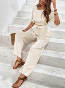 SHEIN Frenchy Set de 2 piezas con top de cuello cuadrado de color liso y pantalón largo para mujer, uso casual elegante y sencillo para uso diario - Albaricoque - Ver 3