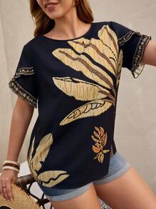 SHEIN LUNE Plus Size Floral Print Shirt With Cross Sleeves - Black - View 6