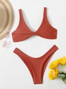Swim Chiccia Summer Beach Twist Front Top & High Cut Swim Bottom Bikini Set Bathing Suit - Rust Brown - View 1