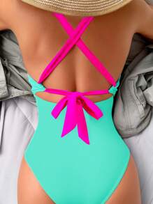Swim Traje de baño de una pieza para mujer con colorblock y espalda descubierta - Multicolor 3 - Ver 2