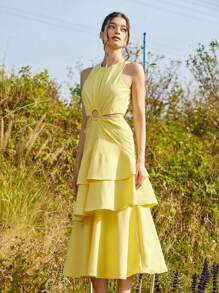 Aveloria Rosie Vestido maxi de verano con volantes en multicapa y aro hueco, de color amarillo romántico