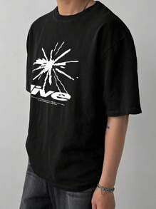 DAZY Men's Summer Geometric Pattern Letter Print Black T-Shirt - Black - View 2