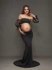SHEIN Solid Color Maternity Mermaid Maxi Dress For Pregnancy Photoshoot - Black - View 1