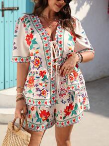 INAWLY Plus Size Women Summer Holiday Floral Print Tie Front Short Sleeve Shirt & Shorts 2 Pieces Set - Multicolor - View 3