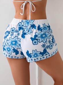 SHEIN Swim Women's Blue Printed Beach Shorts For Vacation