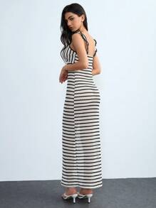 Lumivelle Vestido largo de punto de mujer con mangas cortas y diseño a rayas