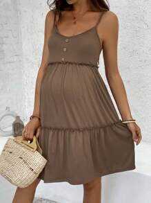 SHEIN فستان حوامل ذو تفاصيل أزرار وذيل مكرمل - بني - مشاهدة 3