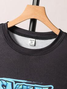 2pcs/Set Teens Boys Cartoon Game Letter Print Round Neck T-Shirt And Sports Shorts Set - Black - View 5