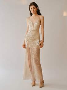 Uhlyne Women's Deep V-Neck Sequin Cami Backless Split Hem Elegant Dress