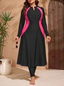 Swim Mulvari Plus Size Women's 2 Pieces Set Black Zipper Patchwork Rose Red Striped Dress With High Waist Pants, Minimalist For Daily Wear Burkinis For Summer Beach Vacation - Black - View 4