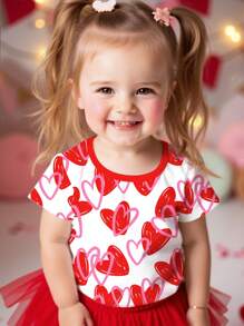 SHEIN Süßer und niedlicher Liebes-Muster, einfaches kurz-ärmeliges Rundhals-Top für Baby Mädchen, ideal für den Sommer