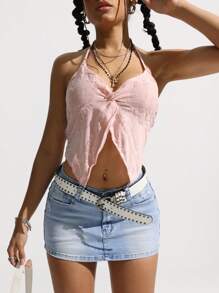 SHEIN EZwear 女式口袋休闲短款牛仔裙 - 淺色水洗藍 - 查看 2