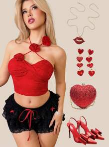 Sweetina 露背系带蕾丝3D立体花卉装饰吊带背心，休闲时尚，适合日常穿着，情人节春季必备。 - 紅色 - 查看 2