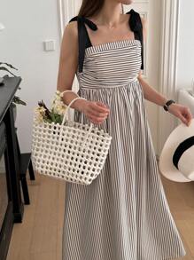 DAZY Vestido casual de verano con tirantes anudables, a media pierna, de estilo rayado para mujer