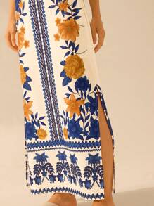 CAJUNI 女士复古波西米亚风花卉印花双开衩半身裙，黄色和蓝色 - 彩色 - 查看 7