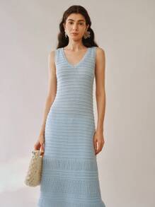 SHEIN LUNE 针织V领镂空钩花性感优雅春夏修身无袖连衣裙 - 淺藍色 - 查看 3