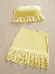 SHEIN VCAY 2pcs/Set Women Vacation Fitted Cropped Contrast Lace Bandeau Top & High Waist Mini Skirt Outfit, Spring/Summer