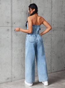 SHEIN EZwear Bộ đồ liền thân denim rộng rãi đơn giản có túi dành cho nữ - Màu xanh lam - Xem 2
