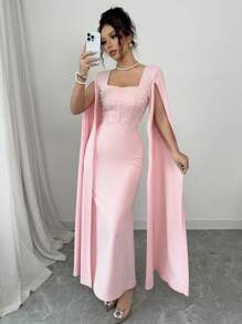 Elenzga Rochie de seară de lux, roz de lux, cu mărgele, rochie maxi de petrecere - Roz - Vizualizare 3