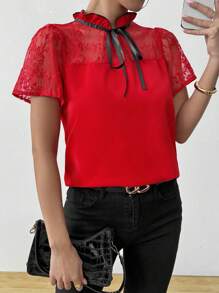 Calvaya Elegant Women Blouse, Contrast Lace Satin Ribbon Blouse, Romantic Stylish Shirt, Red Blouse