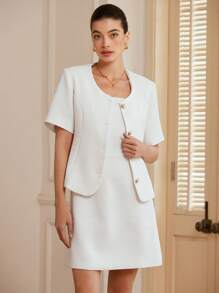 Aveloria Rosie Women's White Simple Elegant Elegant Commuting Versatile Fashion Short-Sleeved Thin Tweed Fabric Suit Jacket   Old Money Style For Summer - White - View 7