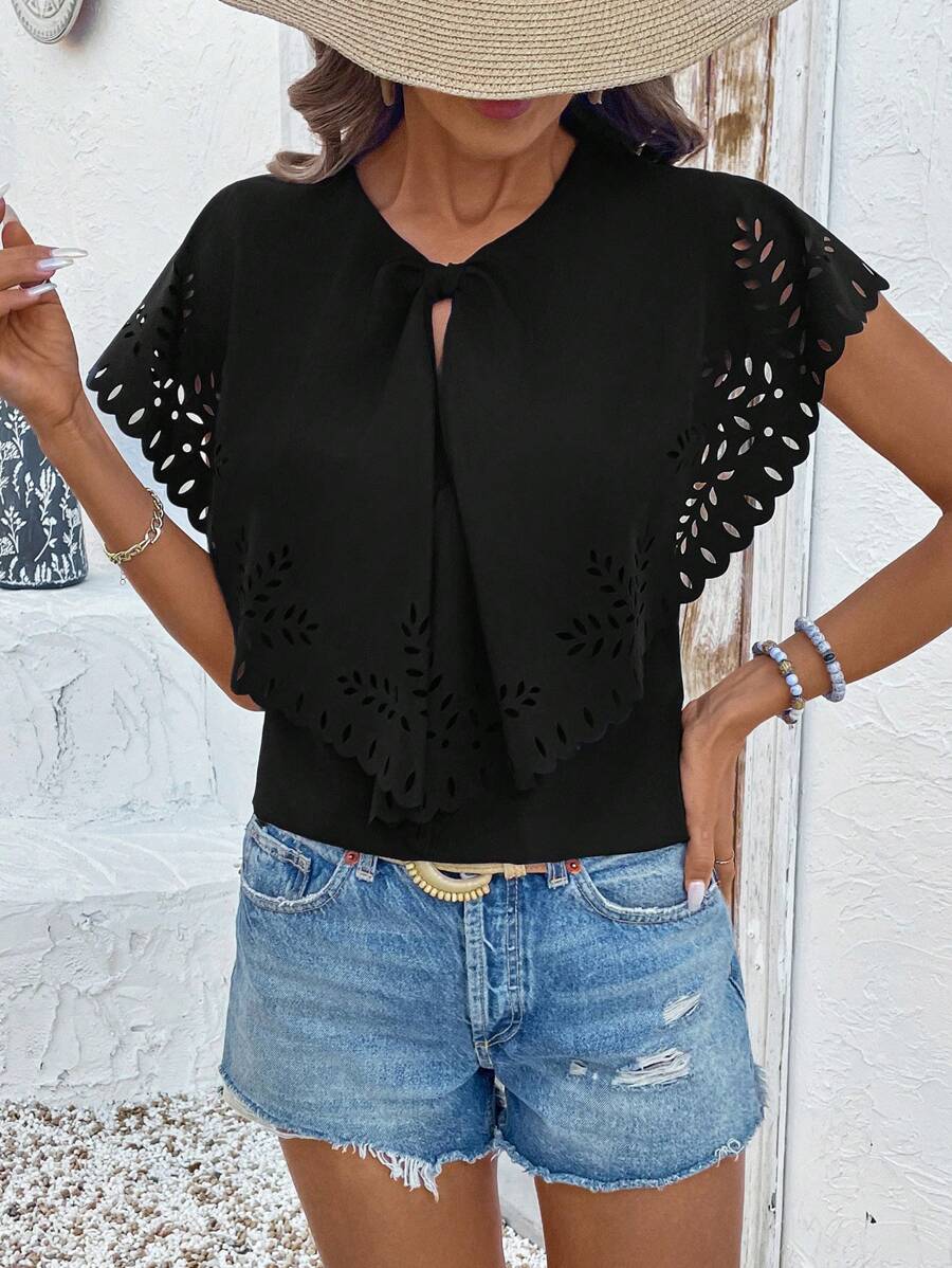 Breezaya Women Solid Color Short Sleeve Casual Stylish Hollow Out Shirt - Black - View 1