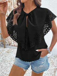 Breezaya Women Solid Color Short Sleeve Casual Stylish Hollow Out Shirt - Black - View 6