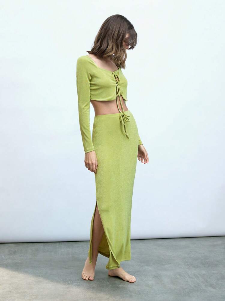 SHEIN Maija 2 Peças Conjunto de Verão Feminino com Top Curto Verde Liso com Cadarço e Saia com Fenda Lateral, Cintura Acintada