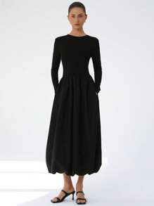 Aveloria Modichic Black Fashion Elegant Minimalist Design Versatile New Mixed Material Round Neck Cinched Waist Puff Hem Splicing Long Sleeve Dress For Women