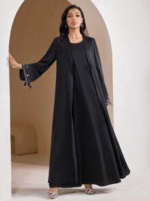 Veilorie Women's Elegant Black Slit Tie Rope Long Sleeves Arabian Burkha Abaya, Concert Women Old Money Spring Break Modest Robe Abaya - Black - View 7