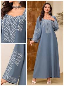 Al Najma Women's Geometric Embroidered Long Sleeve Sweetheart Neck Elegant Arabic Style Dress, Kaftan & Jalabiya - Dusty Blue - View 1